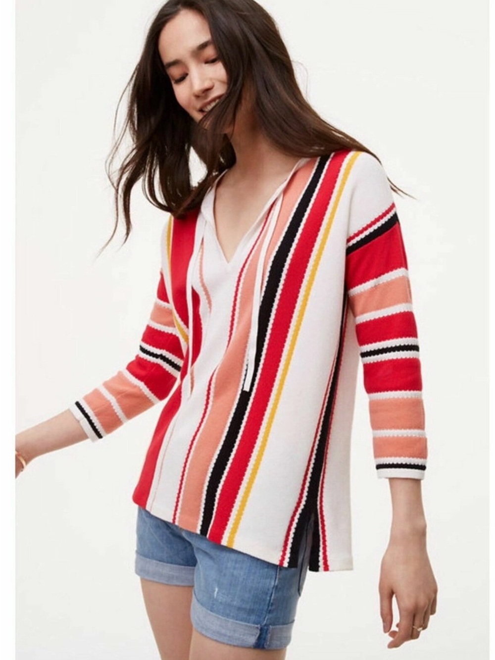 LOFT Striped V-Neck Sweater in Red, Pink, Yellow, Black, White